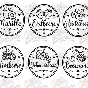Marmeladenglas Étiquettes SVG PNG | Marmeladen Autocollant Cricut | Autocollants en verre | Erdbeere Heidelbeere Himbeere | Télécharger Plotterdatei
