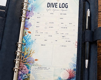 Para carpeta A5, planificador digital de inmersiones / página de diario de buceo (descarga digital)