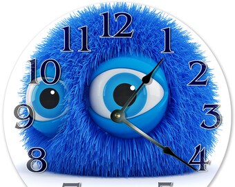 10.5" BLUE FURRY MONSTER Clock - Round Wall Clock - Nursery Clock - Kids Clock - Large 10.5" Wall Clock - Home Decor - 3237