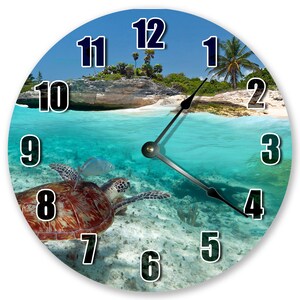 10.5&quot; SEA TURTLE BEACH Clock - Large 10.5&quot; Wall Clock - Beach Decor - Round Clock - Beach Clock - Sea Animal Wall Clock - Home Decor - 3146