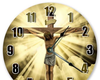 10.5" JESUS ON CROSS Clock - God Clock - Round Wall Clock - Spiritual Clock - Large 10.5" Wall Clock - Home Décor Clock - 3175