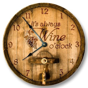 Wine O'Clock Wall Clock: Rustic Wooden Cask Lid, 10.5" Silent Clock