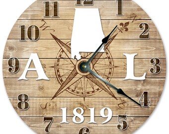 Alabama State Map Clock – Rustic Compass Rose, 10.5" MDF Wood