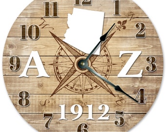 ARIZONA CLOCK Established in 1912 Compass MapClock - Large 10.5 inch Clock Wall Clocks Round Circle Clock Rustic State Clock - AZ State