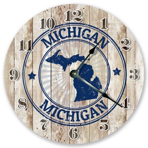 10.5" MICHIGAN Stamp Clock - State Clock - Living Room Clock - Round Wall Clock - Large 10.5" Wall Clock - Home Decor - 3246