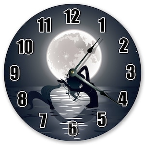 10.5&quot; Mermaid and Moon Clock - Black and White Clock - Living Room Clock - Large 10.5&quot; Wall Clock - Home Décor Clock - 3330