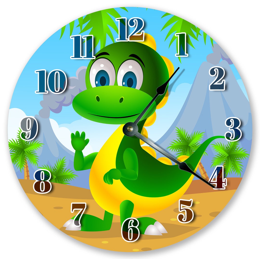 Reloj DINO CARTOON de 10.5 Reloj de pared grande de 10.5 Reloj de reptil Reloj de pared redondo Decoracion de la guarderia Reloj para ninos Regalo de