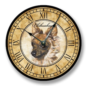 CHIHUAHUA Long Hair Wall CLOCK - Animal Clock - Large 10.5&quot; Wall Clock - Round Wall Clock - Pencil Sketch Clock - Old World Look - Dog Lover