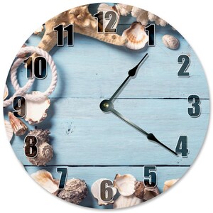 SHELLS BLUE BEACHY Wood Clock - Large 10.5" Wall Clock - 2277