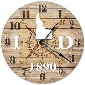 Idaho Compass Wood Wall Clock – Rustic State Map, 10.5 inch