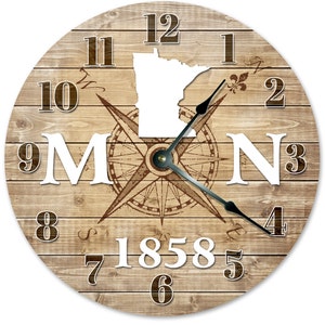 MINNESOTA CLOCK Established in 1858 Compass Map Clock - Large 10.5 inch Clock Wall Clocks Round Circle Clock Rustic State Clock - MN State