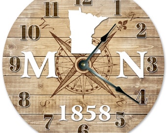 MINNESOTA CLOCK Established in 1858 Compass Map Clock - Large 10.5 inch Clock Wall Clocks Round Circle Clock Rustic State Clock - MN State