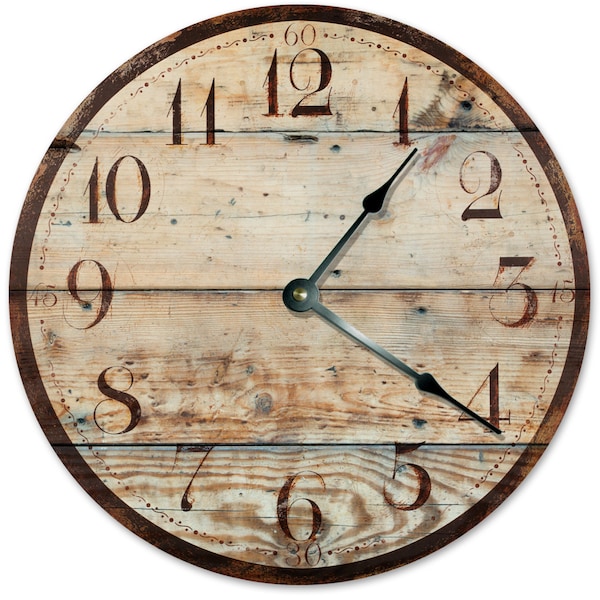 RUSTIC TAN WOOD Clock - Large 10.5 inch Clock - Novelty Clocks - Unique Wall Clocks - Round Circle Clock - Tan worn distressed - 2028