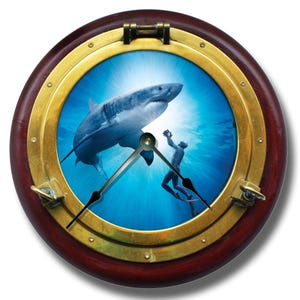 PORTHOLE WALL CLOCK (Brass & Wood Color) - Underwater Look - Decorative Clock - Large 10.5&quot; Wall Clock - Round Wall Clock - Sea Animals