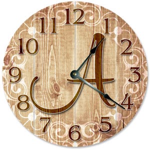 Monogram Clock: Rustic Wood Initial A, Large Wall Decor
