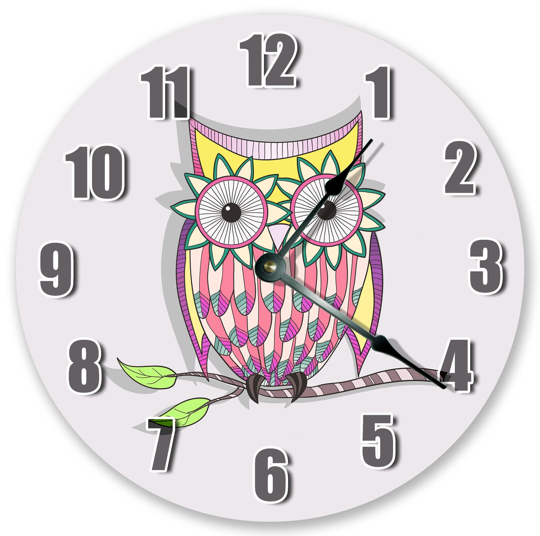 10.5" Cute Owl on Branch Clock - Colorful Clock - Living Room Clock - Large 10.5" Wall Clo