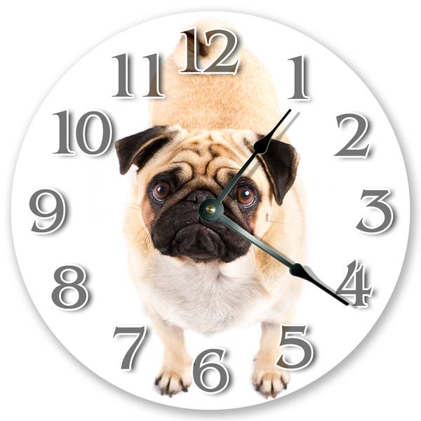 10.5" PUG Clock - Large 10.5" Wall Clock - Animal Clock - Round Wall Clock - Kids Clock - Home Decor - Pet Lover's Gift - 3081