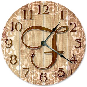 Monogram Clock: Rustic Wood Initial F, Large Wall Decor (10.5 inch)
