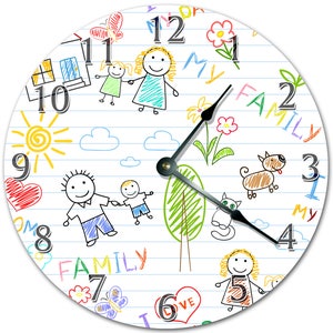10.5&quot; Kids Drawing MY FAMILY Clock - Living Room Clock - Large 10.5&quot; Wall Clock - Home Décor Clock - 4418