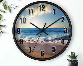 10" SILENT BEACH CLOCK Ocean Waves on Shore Nautical Coastal Room Wall Decor Personalized Gift Clocks Kitchen Beach House Decor Small Clocks