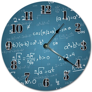 May include: Round wall clock with a blue background covered in mathematical equations and formulas. The clock face features black numbers and hands, with the numbers 1 through 12. The clock hands are black and point to the time.