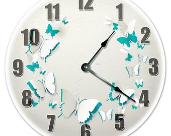 Teal and white Butterfly Clock - 12" Silent Wall Clock - Home Decor