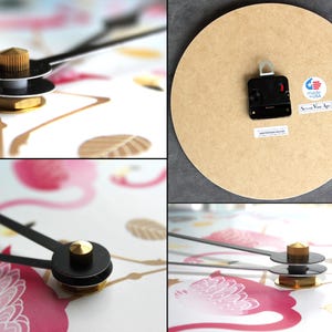 The image is a collage of four photos showing different parts of a clock, including the hands, the clock face, and the base.