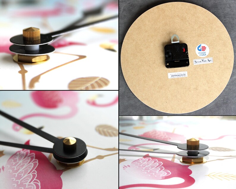 The image is a collage of four photos showing different parts of a clock, including the hands, the clock face, and the base.