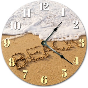 BEACH WRITTEN in the SAND Clock Sand Ocean Surf Wave Clock Large 10.5 inch Clock Novelty Clocks Beach House Decor Wall Clocks - 2006