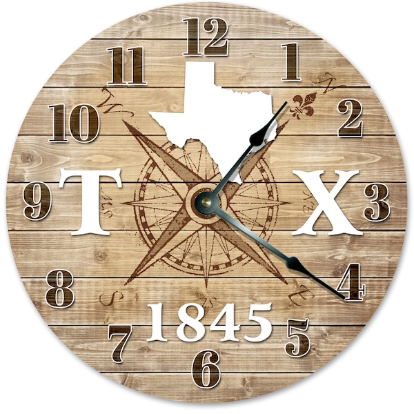 TEXAS STATE Clock Established in 1845 Compass Map Clock - Huge 15 inch Clock - Wall Clocks - Rustic State Clock