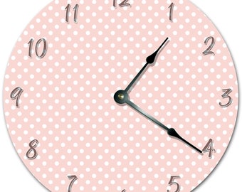 10.5" White POLKA Dots - PINK Clock - Living Room Clock - Large 10.5" Wall Clock - Home Décor Clock - 5419