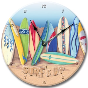 SURFBOARD Personalized Wall Clock - Birthday Gift - Nursery Clock - Large 10.5&quot; Wall Clock - Round Wall Clock - Kids Room - Wall Decor