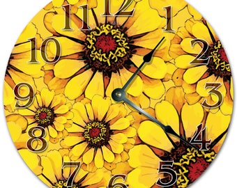 10.5" Overlaying FLOWERS Clock- Yellow Clock - Living Room Clock - Large 10.5" Wall Clock - Home Décor Clock - 5316