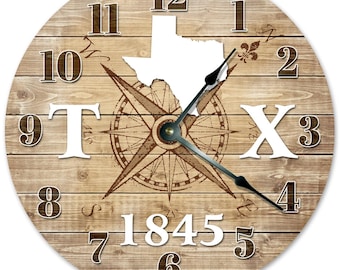 Reloj con brújula y mapa de Texas: decoración rústica de pared (26 cm)
