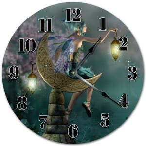 12&quot; FAIRY On A CRESCENT MOON Clock - Living Room Clock - Large 10&quot; Wall Clock - Home Décor Clock - 4297