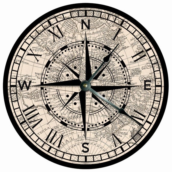 Compass Rose Wall Clock: Nautical Map, Coastal Home Decor (10.5")