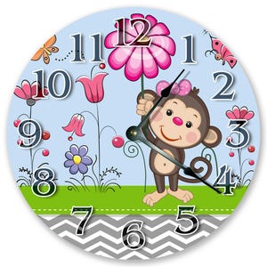 10" CUTE MONKEY Clock - Large 10" Wall Clock - Nursery Decor - Cartoon Round Clock - Animal Wall Clock - Kids Clock - Home Decor - 3100