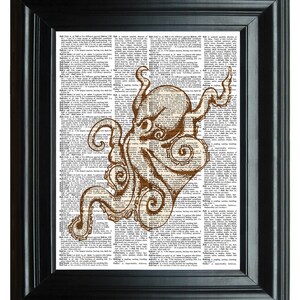 Upcycled dictionary art print, VINTAGE DICTIONARY PRINT, dictionary page Octopus squid Vintage Print, Marine Ocean print, 8.25x11.25 num. 12