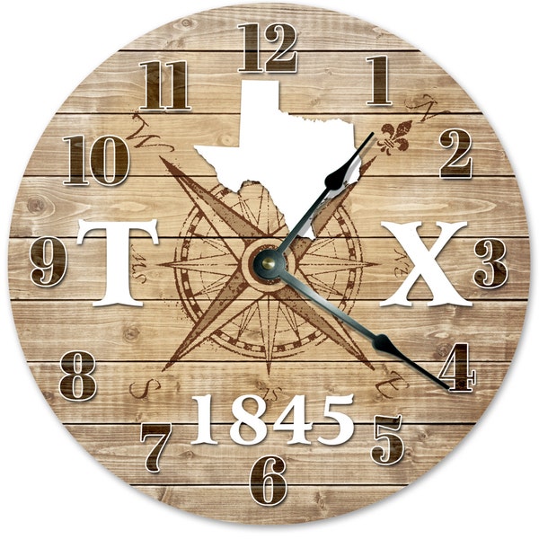 TEXAS CLOCK Established in 1845 Compass Map Clock - Large 10.5 inch Clock Wall Clocks Round Circle Clock Rustic State Clock - TX State