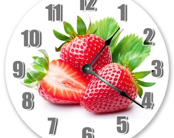 Reloj de cocina de fresa: decoración de pared silenciosa de MDF de 26 cm