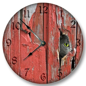 OLD RED Barn Boards with Cat Wall Clock - Rustic Clock - Large 10.5" Wall Clock - Round Wall Clock - Barn Clock - Cabin Country Decor