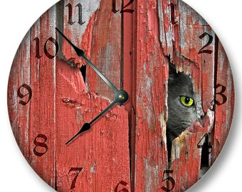 OLD RED Barn Boards with Cat Wall Clock - Rustic Clock - Large 10.5" Wall Clock - Round Wall Clock - Barn Clock - Cabin Country Decor