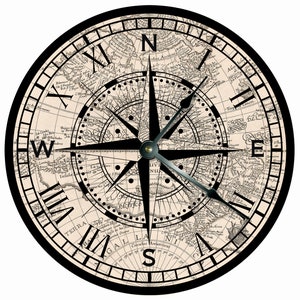 COMPASS ROSE Wall CLOCK Home Decor Old Map Pattern Round Large Wall Clocks Beach Nautical Decor Navigation Windrose Coastal Kitchen Decor