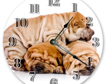 10.5" SHAR PEI PUPPIES Dog Clock - Large 10.5" Wall Clock - Animal Clock - Round Wall Clock - Nursery Decor - Kids Clock - 3039