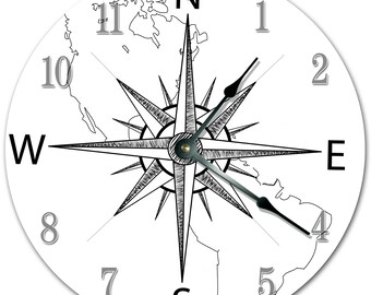Compass Rose Clock: 10.5" Black & White Silent Wall Decor