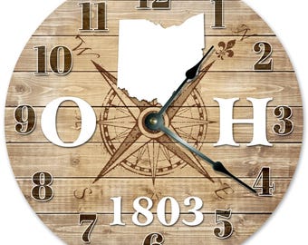 Reloj de pared con brújula del estado de Ohio, madera rústica, 26 cm