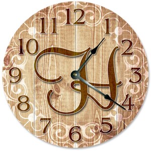 Monogram Initial H Clock, Rustic Wood Look, Large 10.5" Silent Wall Clock