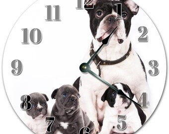Boston Terrier & Bulldog Puppies Clock: 10.5" Silent Wall Decor