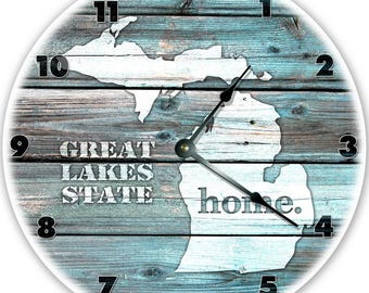 Michigan Map Clock: Teal Rustic Wood Look, Silent 12" Wall Decor