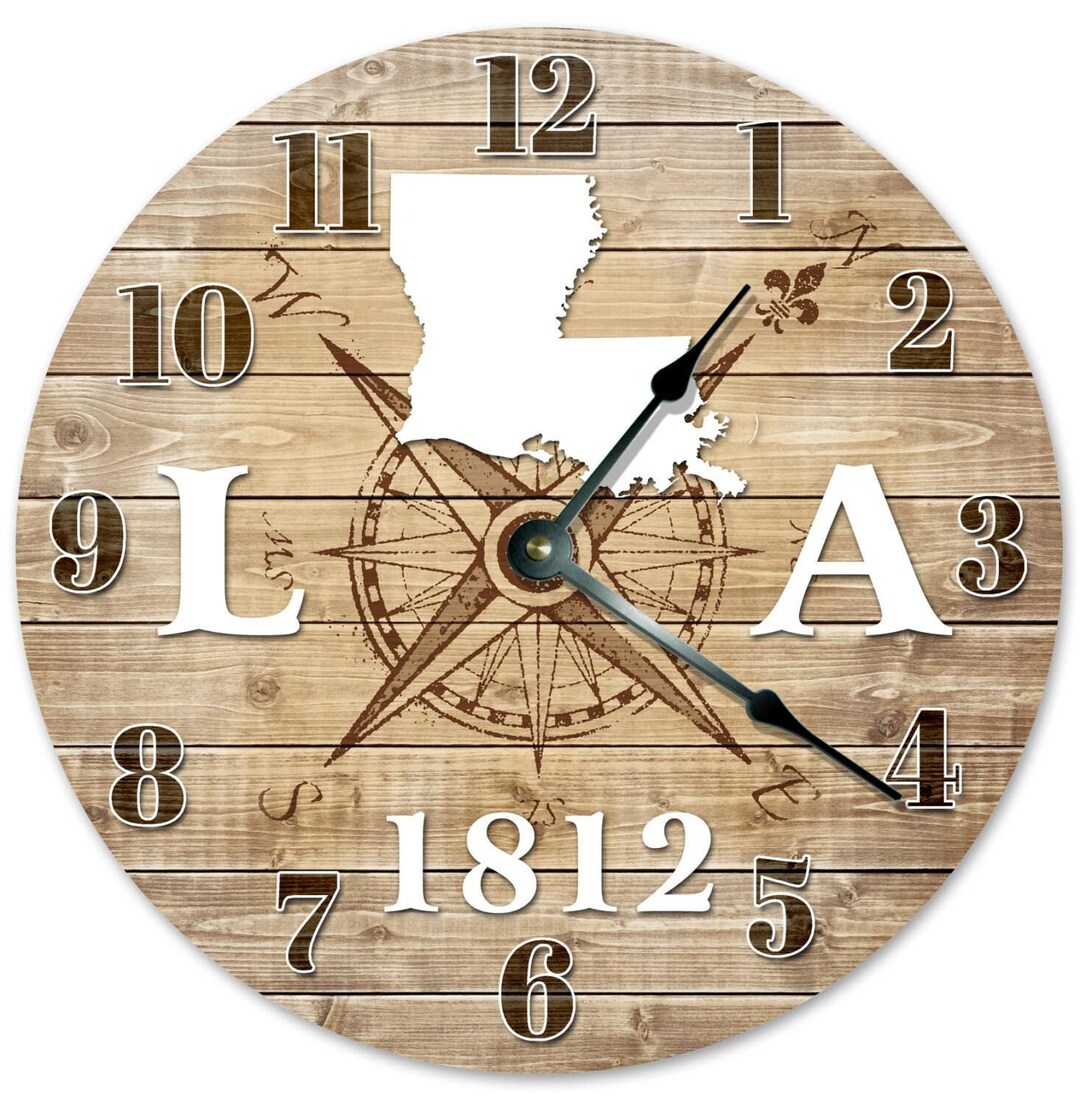 Louisiana State Map Clock: Rustic Compass Rose, 15-inch Silent Wall ...